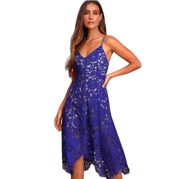 Lulus One Wish Royal Blue Lace Handkerchief Hem Dress - Picture 1 of 9